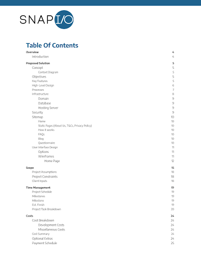 Snapio Project Plan Table of Contents